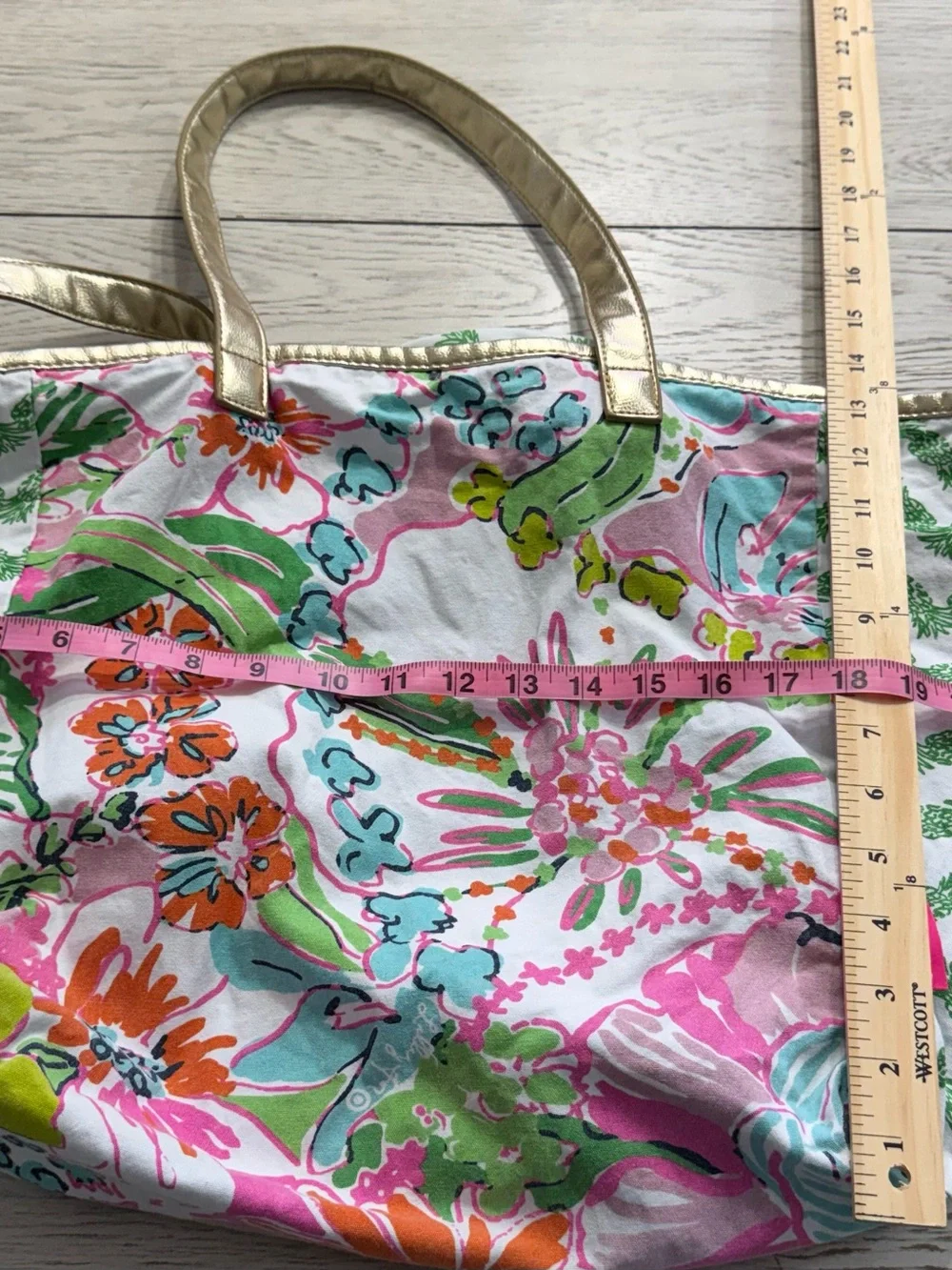 Lilly Pulitzer large Multicolor Floral & Green Chevron Tote Bag Gold Handles